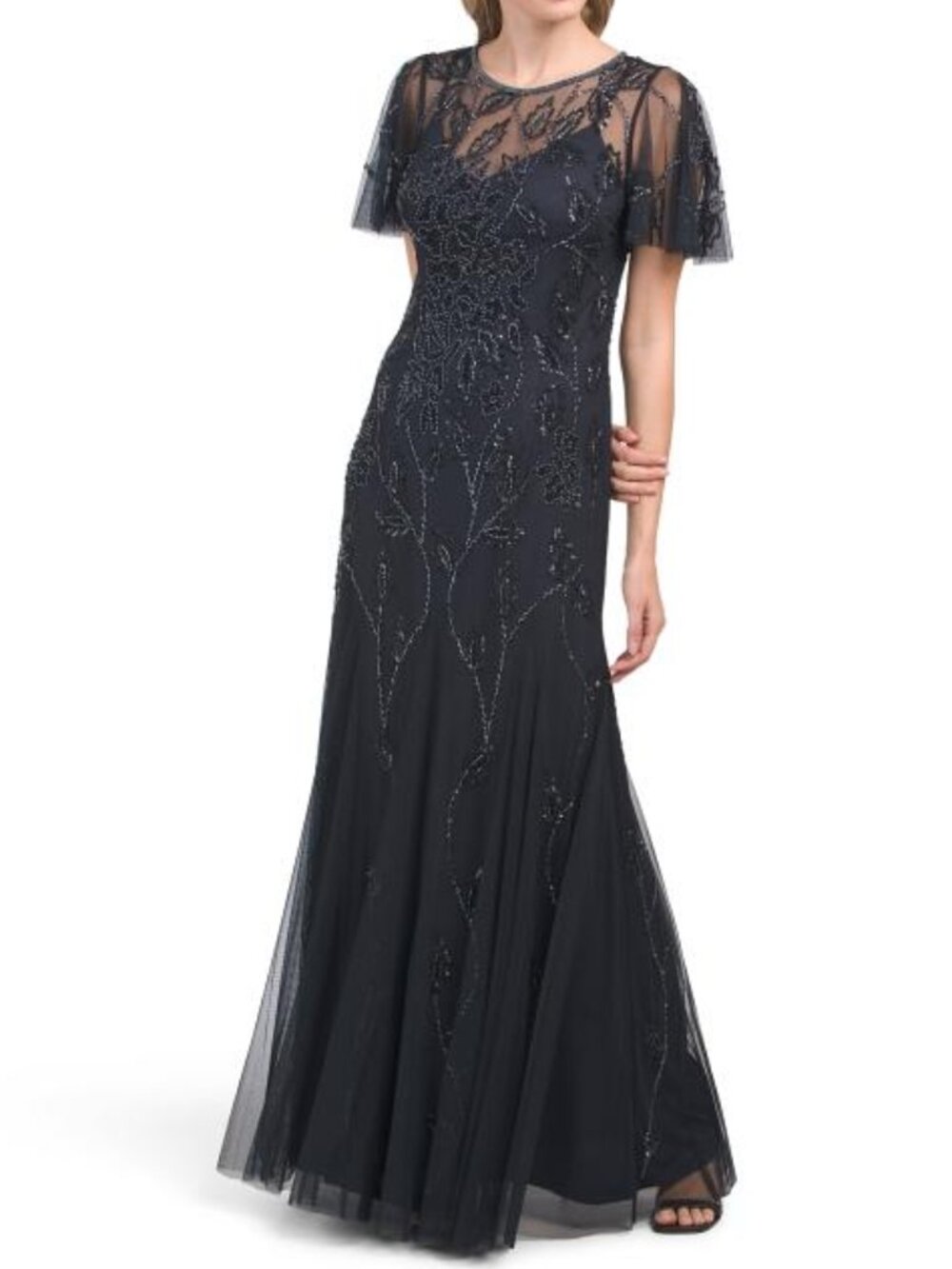 ADRIANNA PAPELL Flutter Sleeve Beaded Gown With Pleated Skirt